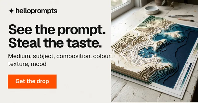 Social ad for HelloPrompts: "See the prompt. Steal the taste." Swiss style, skeleton layout, light palette in white, grey.