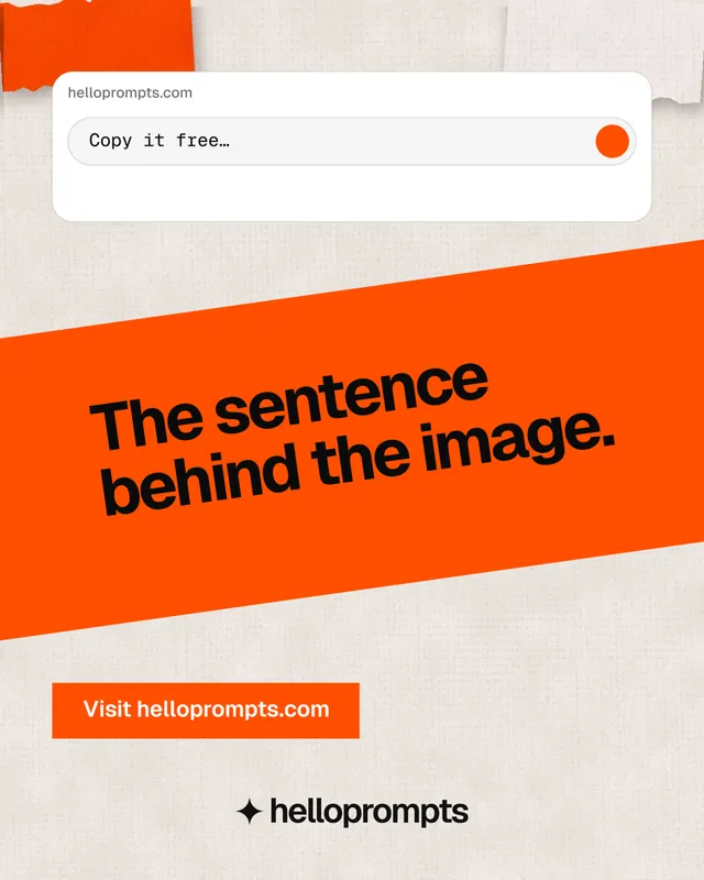 Instagram portrait post for HelloPrompts: "The sentence behind the image." Swiss style, diagonal layout, light palette in orange, white.