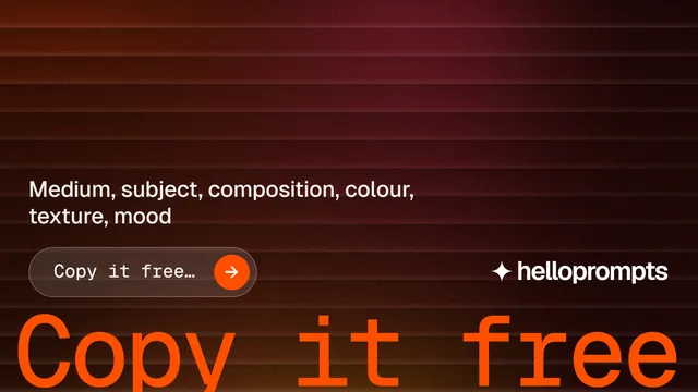 Landscape graphic for HelloPrompts: "Every image starts as a sentence." Agentic glass style, oversized layout, dark palette in red, black, orange.