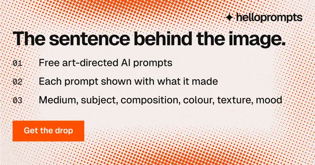Social ad for HelloPrompts: "The sentence behind the image." Swiss style, numbered layout, light palette in orange, white.