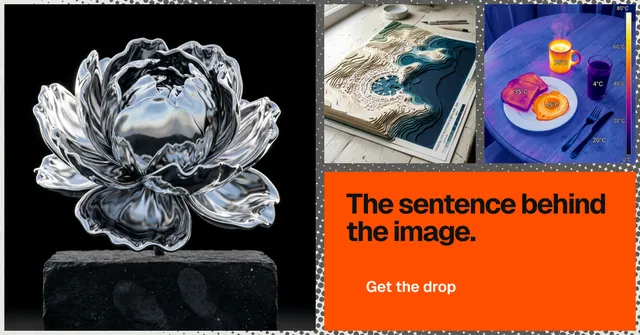 Social ad for HelloPrompts: "The sentence behind the image." Swiss style, collage layout, dark palette in black, orange, grey.