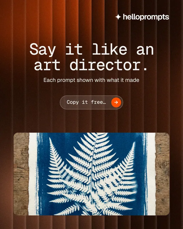 Instagram portrait post for HelloPrompts: "Say it like an art director." Agentic glass style, centred layout, dark palette in orange, grey, black.