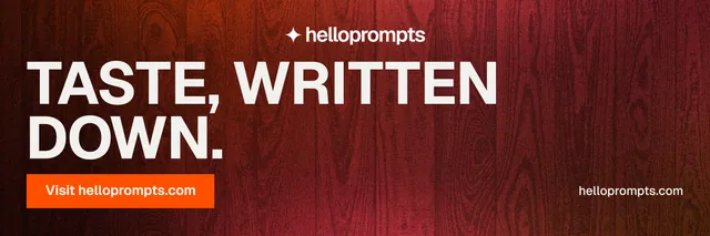 X header for HelloPrompts: "Taste, written down." Swiss style, poster layout, dark palette in red.