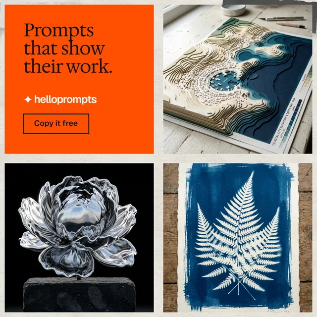 Instagram post for HelloPrompts: "Prompts that show their work." Editorial style, collage layout, light palette in black, orange, grey.