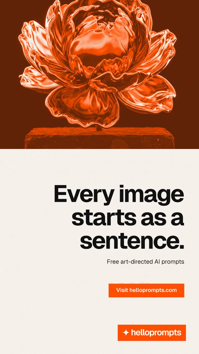 Instagram story for HelloPrompts: "Every image starts as a sentence." Swiss style, right layout, light palette in white, orange, brown.