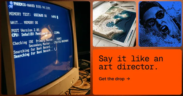 Social ad for HelloPrompts: "Say it like an art director." Agentic glass style, collage layout, dark palette in orange, blue, grey.