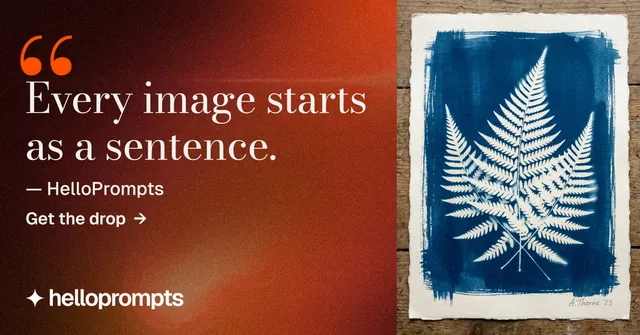 Social ad for HelloPrompts: "Every image starts as a sentence." Minimal luxury style, quote layout, dark palette in red, grey.