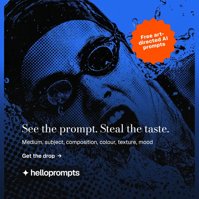 Instagram post for HelloPrompts: "See the prompt. Steal the taste." Minimal luxury style, sticker layout, dark palette in blue, black.