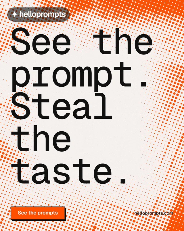 Instagram portrait post for HelloPrompts: "See the prompt. Steal the taste." Brutalist style, poster layout, light palette in orange, white.