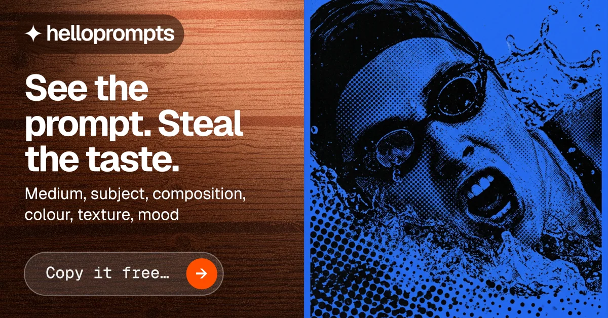Social ad for HelloPrompts: "See the prompt. Steal the taste." Agentic glass style, bottom layout, dark palette in orange, blue.
