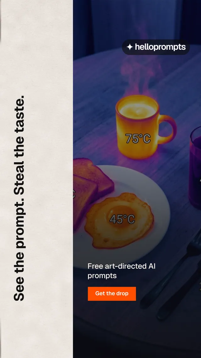 Instagram story for HelloPrompts: "See the prompt. Steal the taste." Swiss style, vertical layout, dark palette in purple, black, orange.