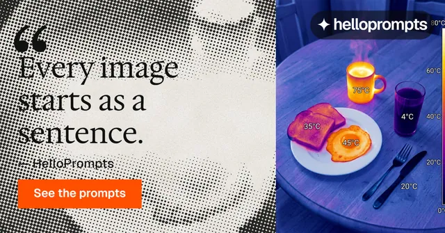 Social ad for HelloPrompts: "The sentence behind the image." Swiss style, quote layout, light palette in grey, blue, yellow.