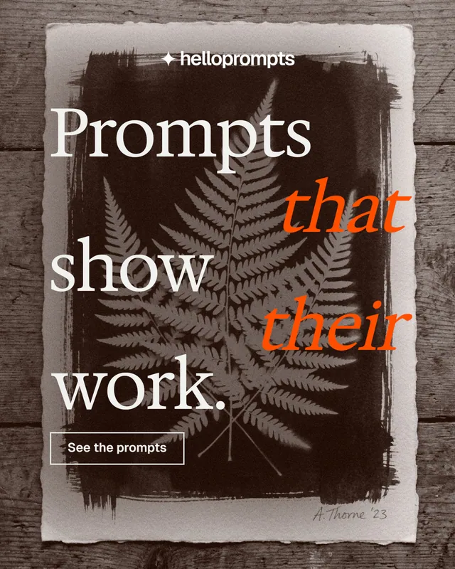 Instagram portrait post for HelloPrompts: "Prompts that show their work." Editorial style, stacked layout, dark palette in orange, grey.