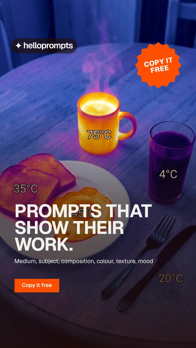 Instagram story for HelloPrompts: "Prompts that show their work." Swiss style, sticker layout, dark palette in blue, pink, purple.
