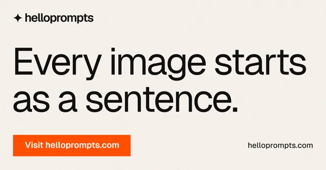 Social ad for HelloPrompts: "Every image starts as a sentence." Swiss style, poster layout, light palette in white, orange.