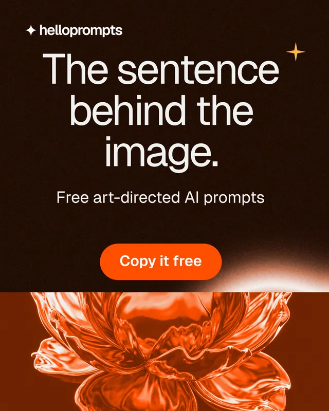 Instagram portrait post for HelloPrompts: "The sentence behind the image." Y2K style, skeleton layout, dark palette in black, brown, orange.