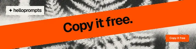 LinkedIn banner for HelloPrompts: "Copy it free." Swiss style, diagonal layout, light palette in orange, white, grey.
