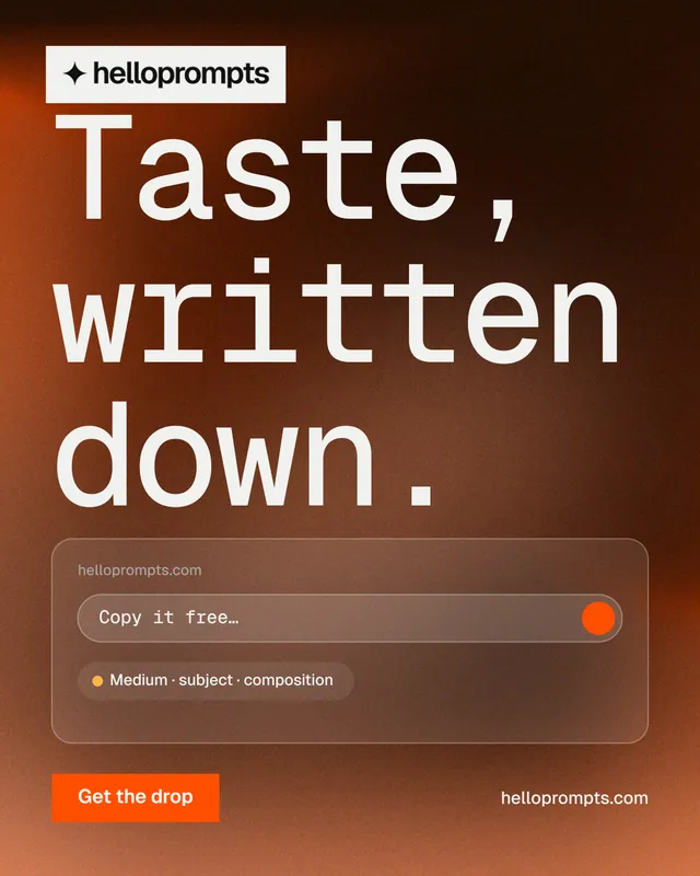 Instagram portrait post for HelloPrompts: "Taste, written down." Swiss style, poster layout, dark palette in brown, black, orange.