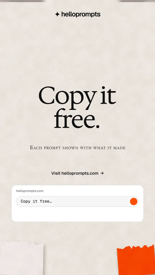 Instagram story for HelloPrompts: "Copy it free." Swiss style, smallcaps layout, light palette in orange, white.