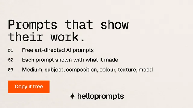 Landscape graphic for HelloPrompts: "Prompts that show their work." Swiss style, numbered layout, light palette in orange, white.
