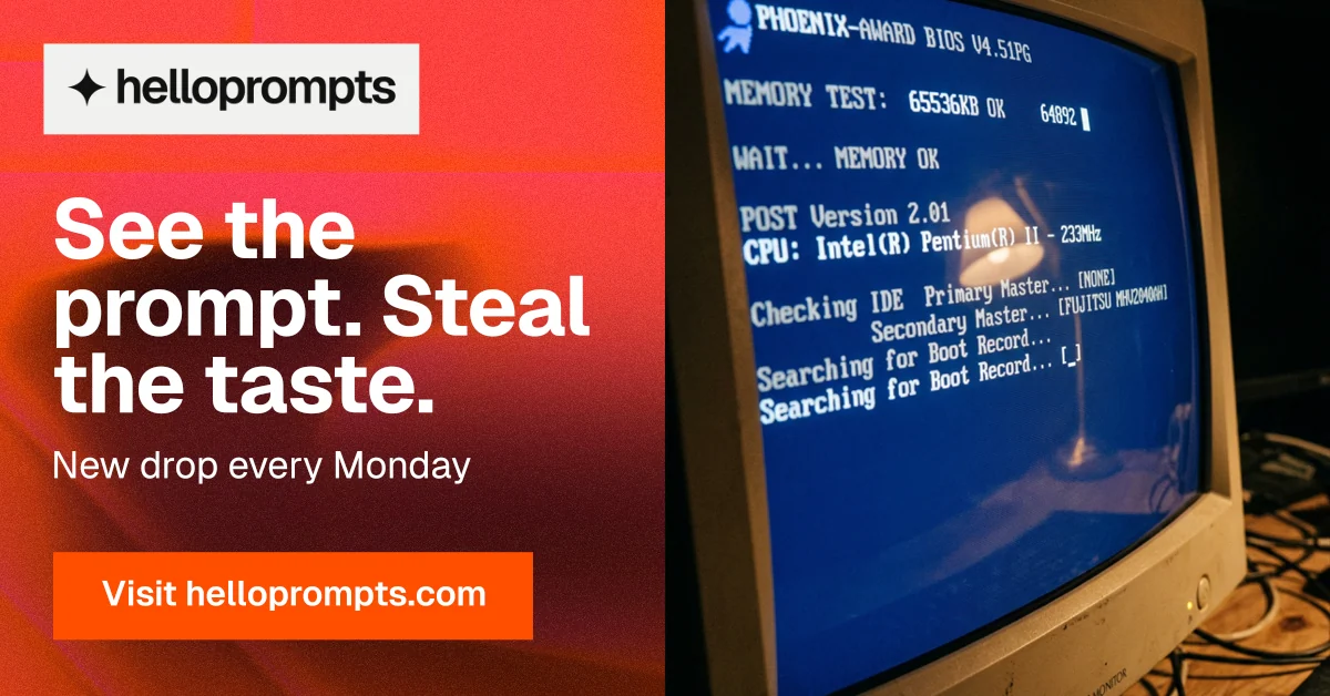 Social ad for HelloPrompts: "See the prompt. Steal the taste." Swiss style, bottom layout, dark palette in blue, red.