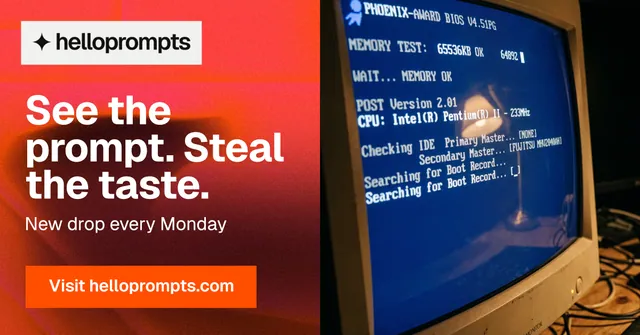 Social ad for HelloPrompts: "See the prompt. Steal the taste." Swiss style, bottom layout, dark palette in blue, red.