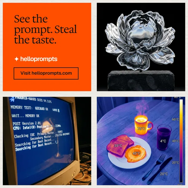 Instagram post for HelloPrompts: "See the prompt. Steal the taste." Editorial style, collage layout, dark palette in blue, orange, grey.