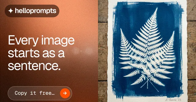 Social ad for HelloPrompts: "Every image starts as a sentence." Agentic glass style, bottom layout, light palette in orange, blue, white.