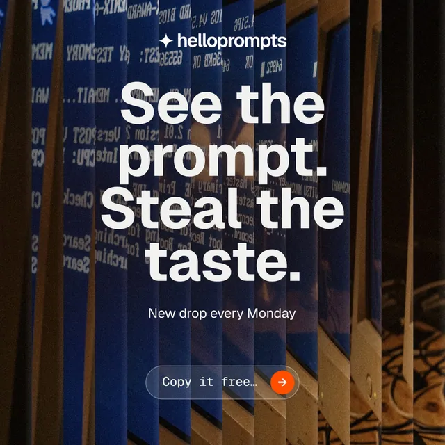 Instagram post for HelloPrompts: "See the prompt. Steal the taste." Agentic glass style, centred layout, dark palette in black, grey.