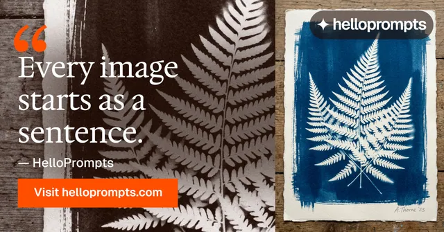 Social ad for HelloPrompts: "The sentence behind the image." Swiss style, quote layout, dark palette in blue, orange, grey.