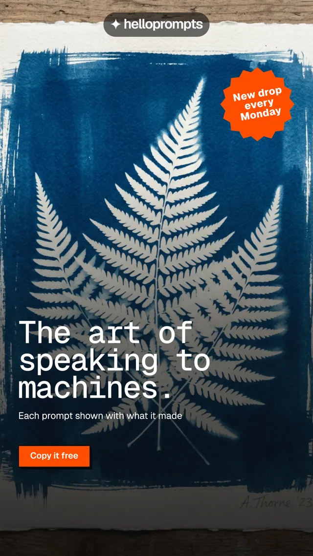Instagram story for HelloPrompts: "The art of speaking to machines." Brutalist style, sticker layout, dark palette in grey, blue, black.
