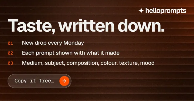 Social ad for HelloPrompts: "Taste, written down." Agentic glass style, numbered layout, dark palette in orange, black, grey.