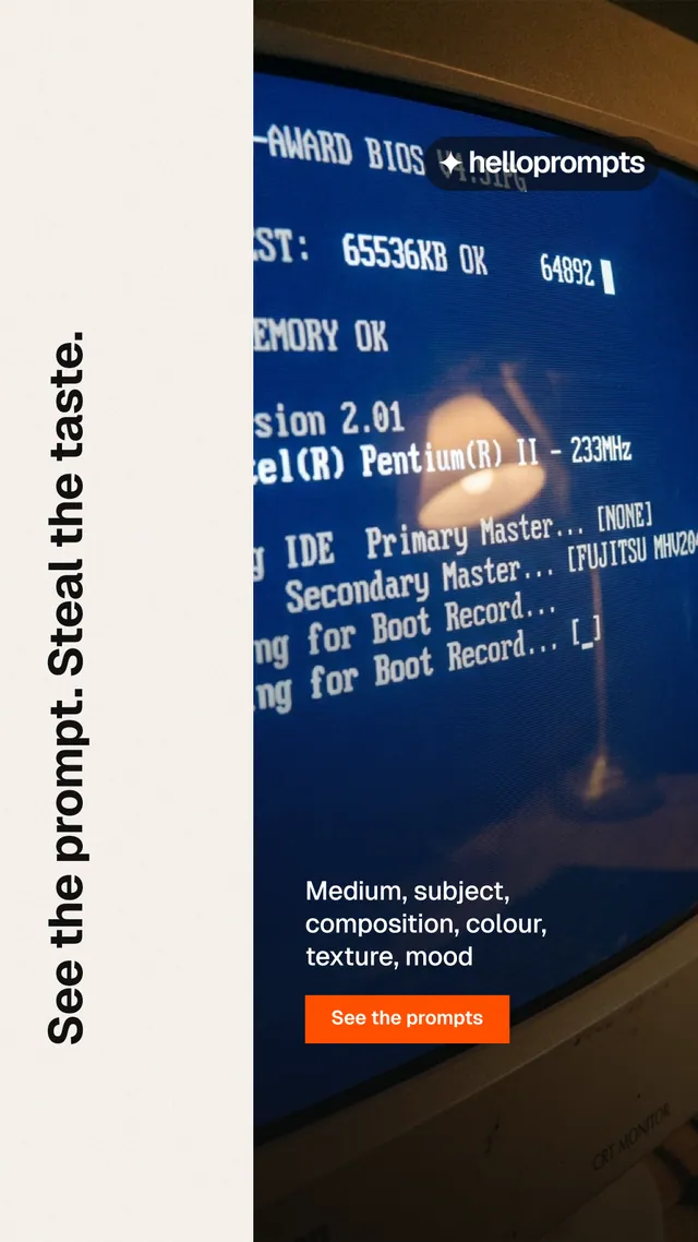 Instagram story for HelloPrompts: "See the prompt. Steal the taste." Swiss style, vertical layout, light palette in white, blue, black.
