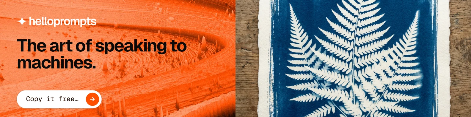 LinkedIn banner for HelloPrompts: "The art of speaking to machines." Agentic glass style, bottom layout, light palette in orange, blue, white.