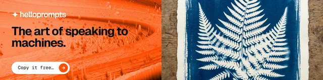 LinkedIn banner for HelloPrompts: "The art of speaking to machines." Agentic glass style, bottom layout, light palette in orange, blue, white.