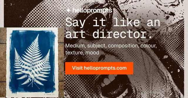 Social ad for HelloPrompts: "Say it like an art director." Swiss style, skeleton layout, dark palette in black, orange, grey.