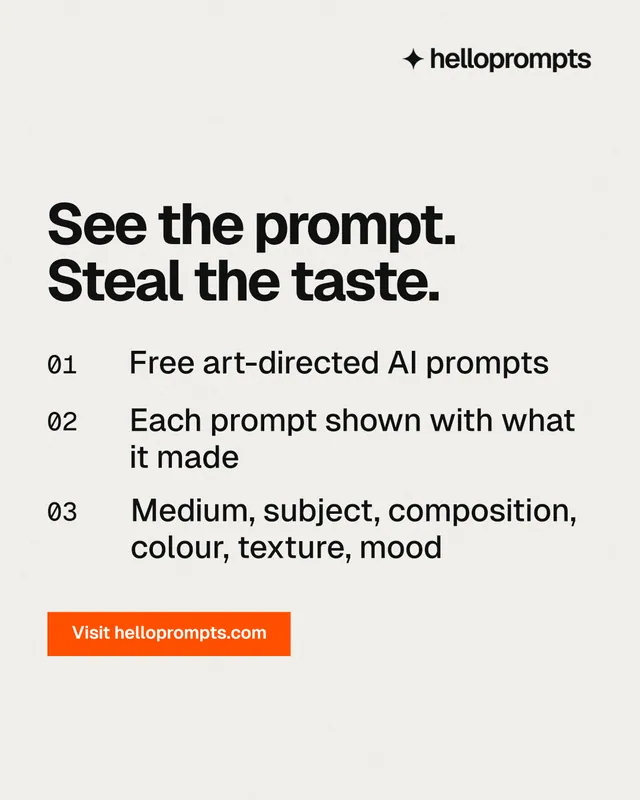 Instagram portrait post for HelloPrompts: "See the prompt. Steal the taste." Swiss style, numbered layout, light palette in white, grey.