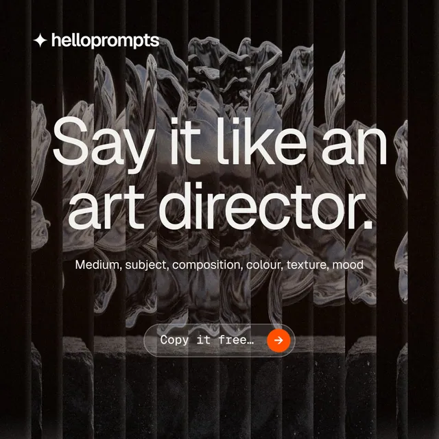 Instagram post for HelloPrompts: "Say it like an art director." Agentic glass style, centred layout, dark palette in black, grey.