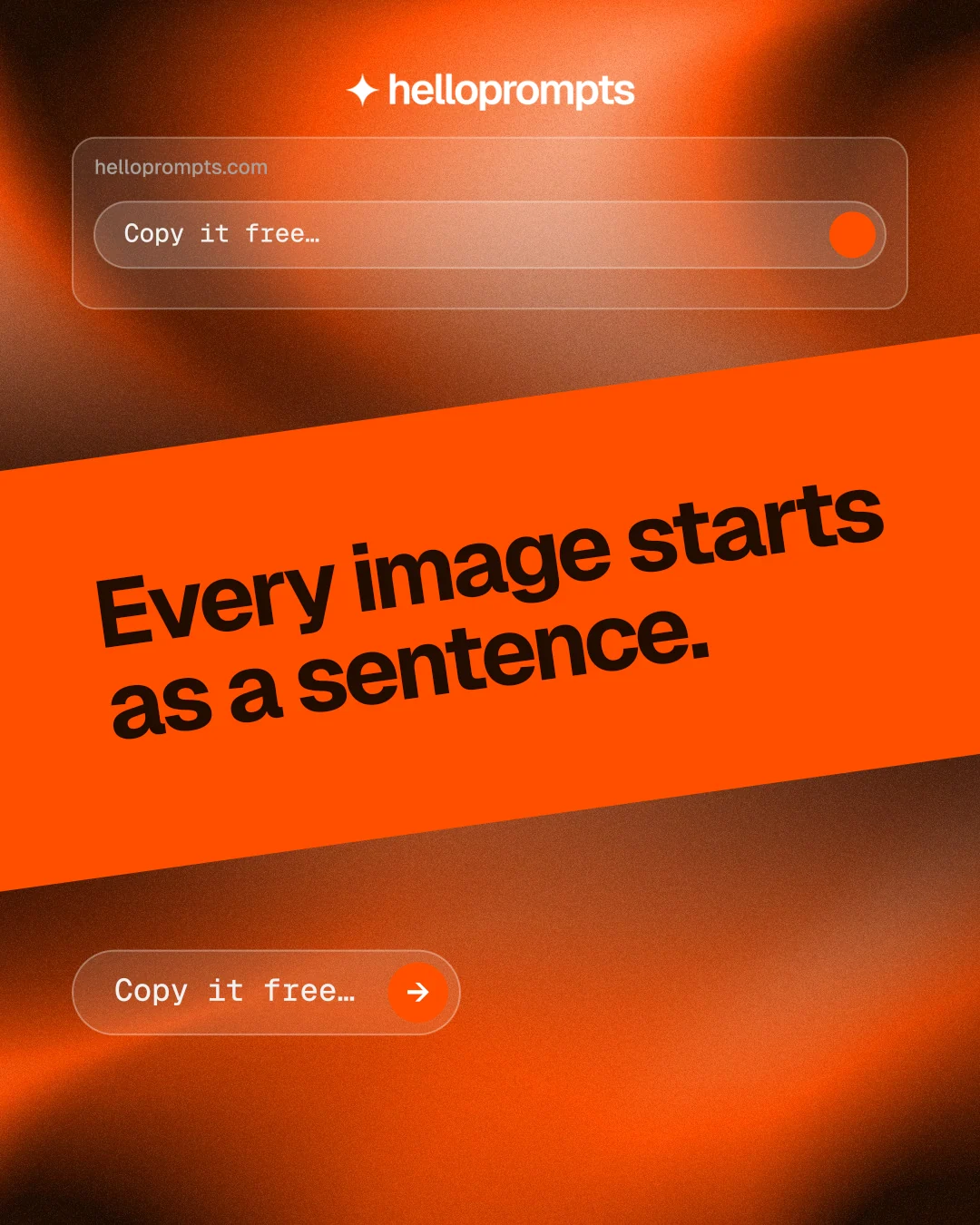 Instagram portrait post for HelloPrompts: "Every image starts as a sentence." Agentic glass style, diagonal layout, dark palette in orange.