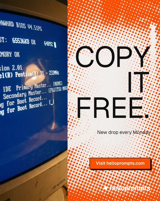 Instagram portrait post for HelloPrompts: "Copy it free." Brutalist style, right layout, light palette in orange, blue, grey.