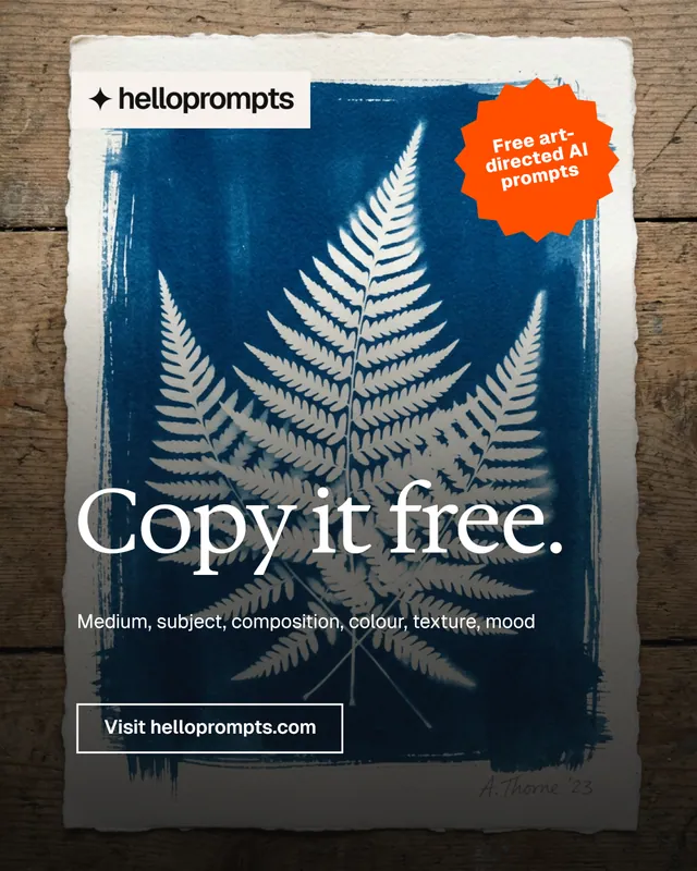 Instagram portrait post for HelloPrompts: "Copy it free." Editorial style, sticker layout, dark palette in grey, black, blue.