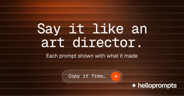 Social ad for HelloPrompts: "Say it like an art director." Agentic glass style, centred layout, dark palette in orange, black.