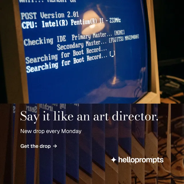 Instagram post for HelloPrompts: "Say it like an art director." Minimal luxury style, bottom layout, dark palette in red, blue, black.