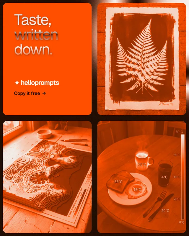 Instagram portrait post for HelloPrompts: "Taste, written down." Agentic glass style, collage layout, dark palette in orange.