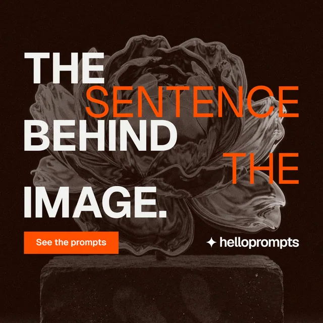 Instagram post for HelloPrompts: "The sentence behind the image." Swiss style, stacked layout, dark palette in black, orange.