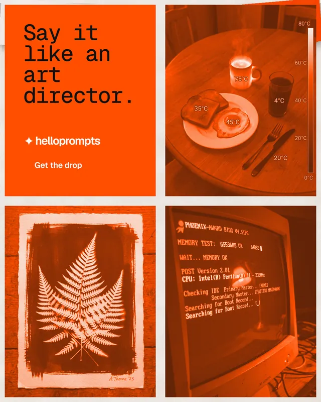 Instagram portrait post for HelloPrompts: "Say it like an art director." Retro print style, collage layout, dark palette in orange.