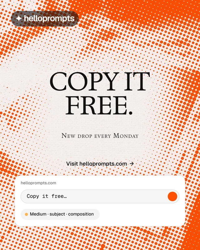 Instagram portrait post for HelloPrompts: "Copy it free." Swiss style, smallcaps layout, light palette in orange, white.