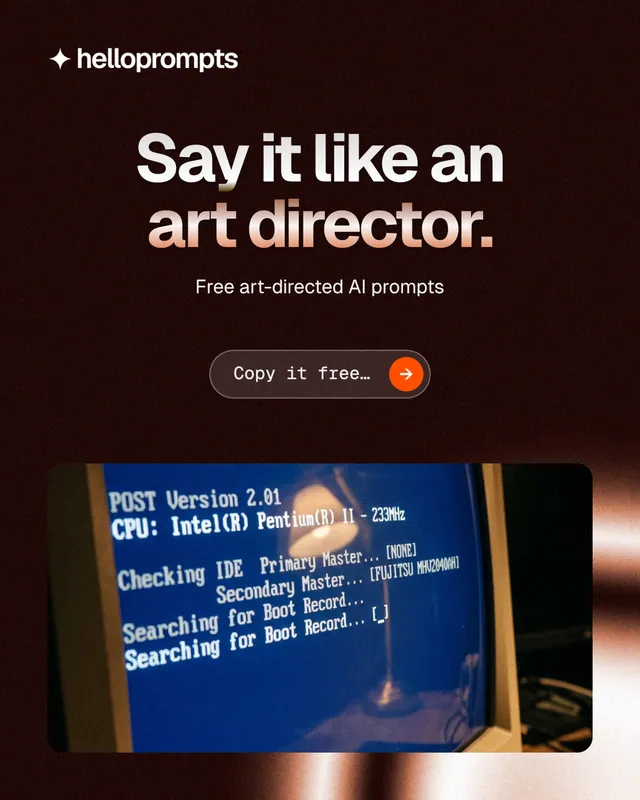Instagram portrait post for HelloPrompts: "Say it like an art director." Agentic glass style, centred layout, dark palette in black, blue, grey.