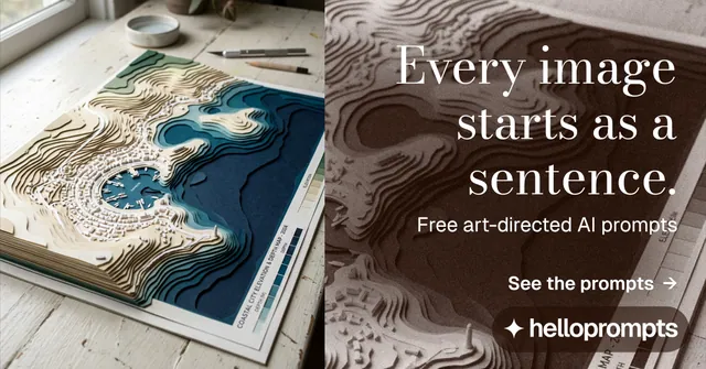 Social ad for HelloPrompts: "Every image starts as a sentence." Minimal luxury style, right layout, light palette in grey, orange, black.