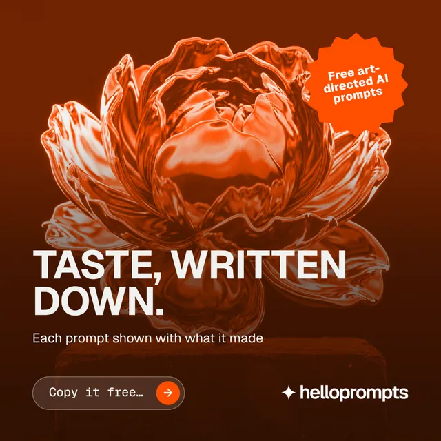 Instagram post for HelloPrompts: "Taste, written down." Agentic glass style, sticker layout, dark palette in orange, black.